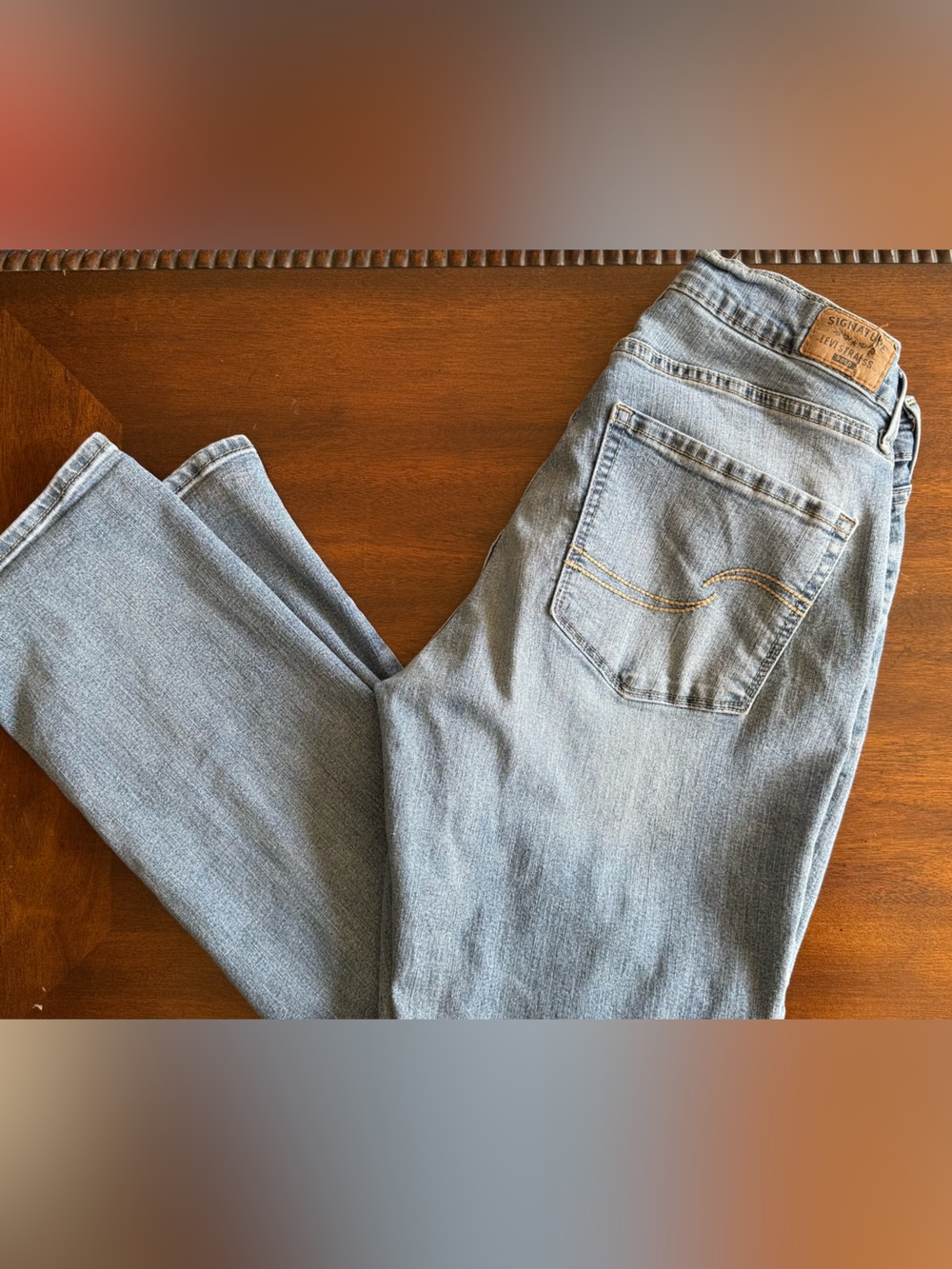 Signature by Levi Strauss Light Blue Straight Leg Jeans with Knee Distress